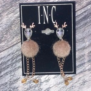 Reindeer Drop Earrings INC Holiday Lane Gold-Tone Crystal  Faux-Fur NEW